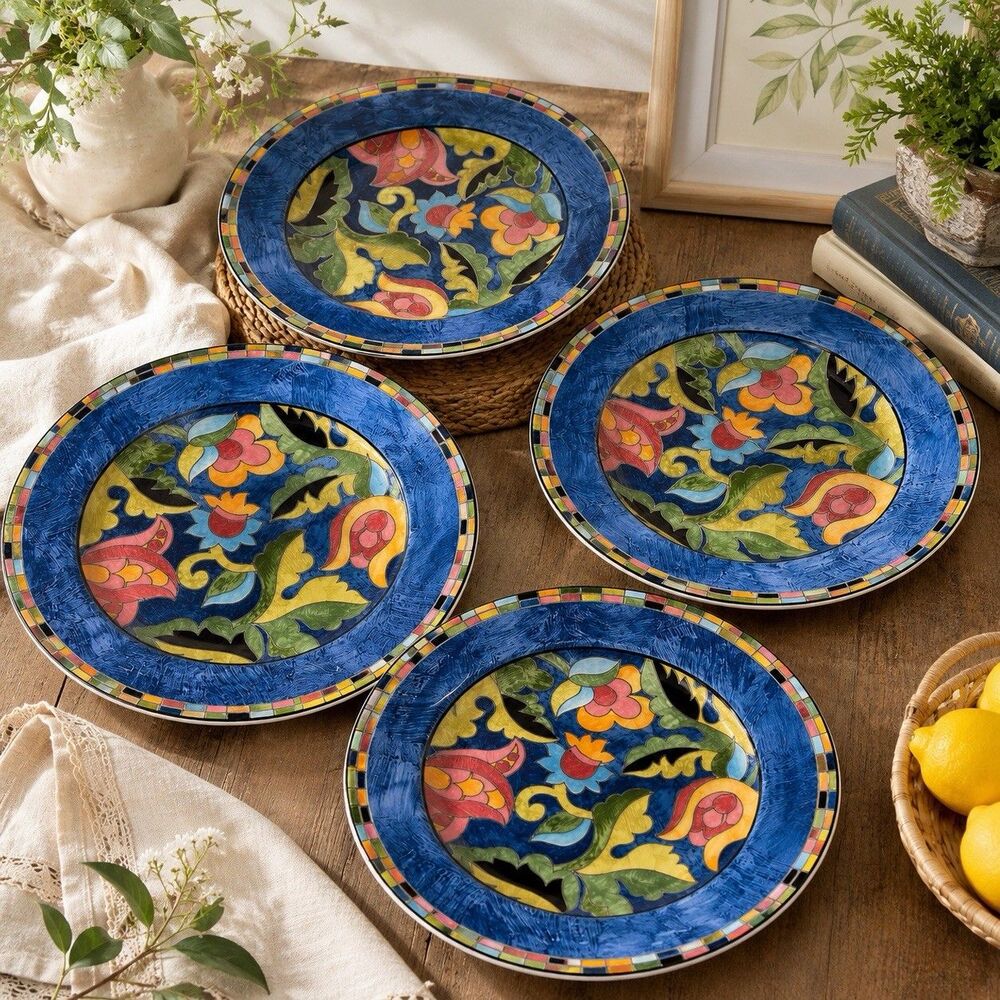 PTS International Interiors Stoneware Fantasia 4 Salad Luncheon Plates 8” Floral